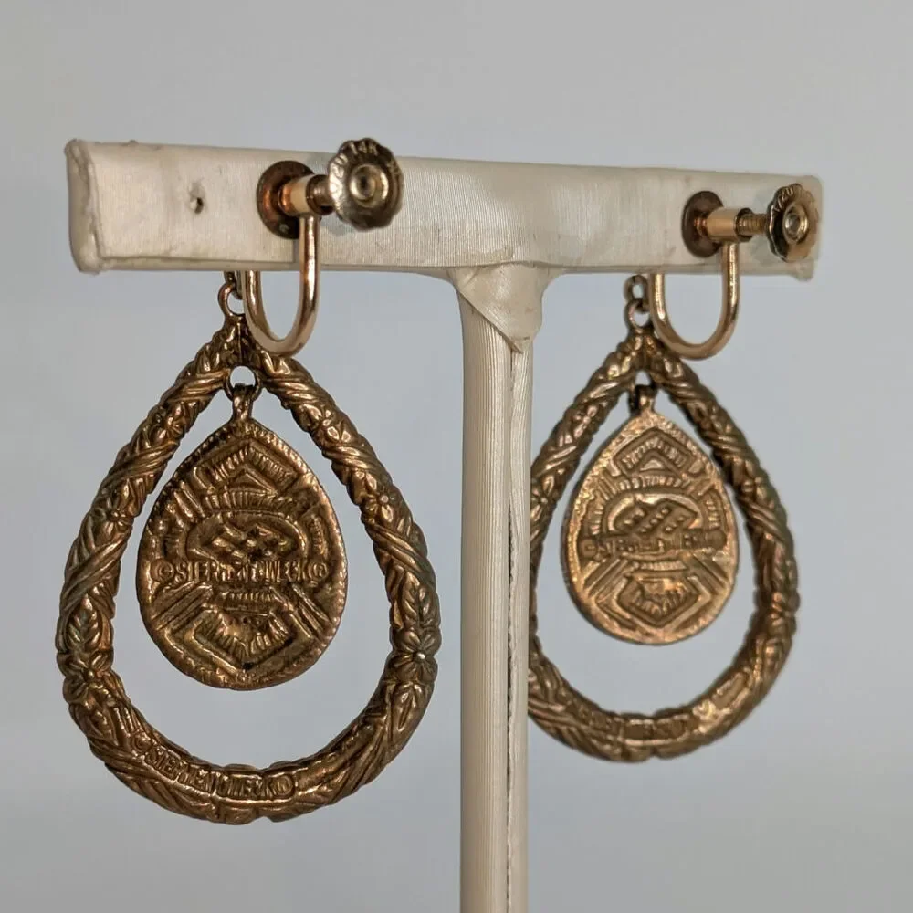 Stephen Dweck Black Onyx Etched Bronze Gold Teardrop Dangle Clip GF Earrings - Picture 3 of 7